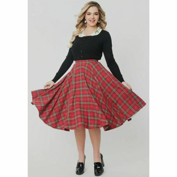Unique Vintage Magnolia Place Sally Swing Skirt Red Green Plaid Retro Flannel - Picture 1 of 5
